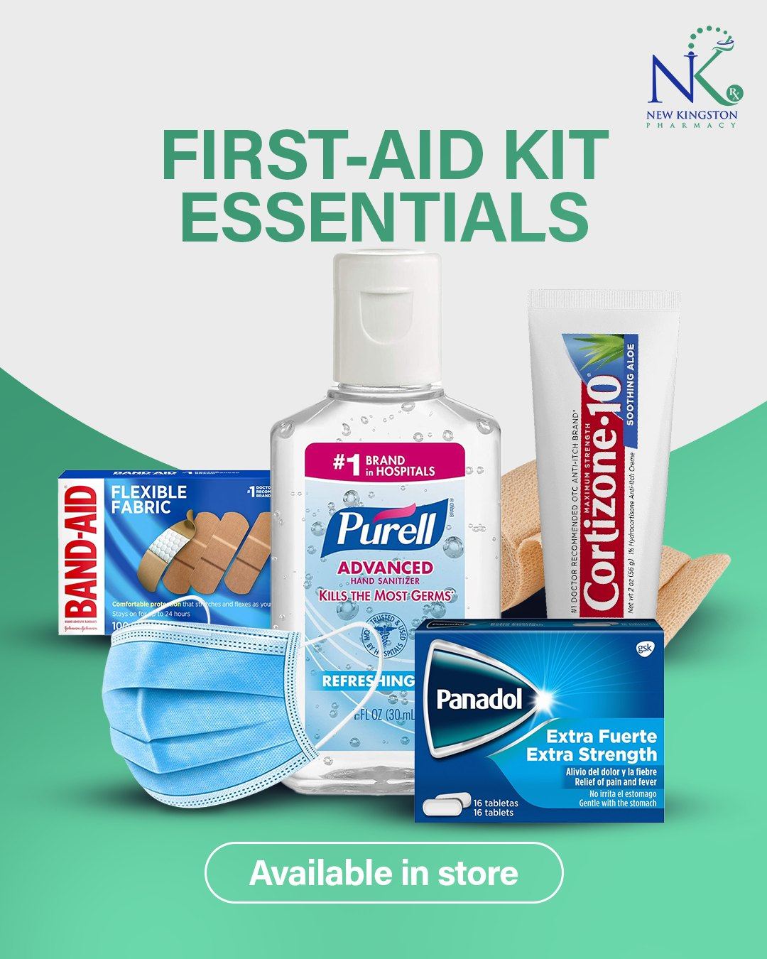 Shelf of over-the-counter essentials at New Kingston Pharmacy, including bandages, hand sanitizer, antiseptic cream, and pain relief tablets