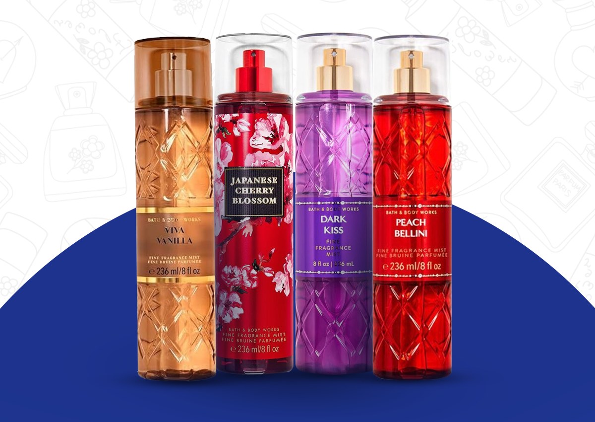 Bath & Body Works fine fragrance mists in Viva Vanilla, Japanese Cherry Blossom, Dark Kiss and Peach Bellini