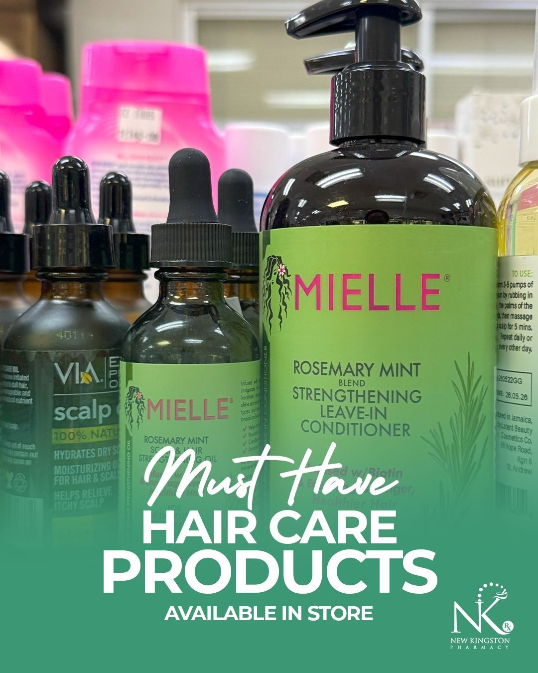 Shelf of hair care products including scalp oils and leave-in conditioner