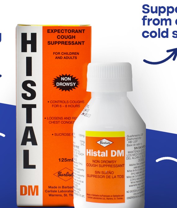 Histal DM non-drowsy cough suppressant box and bottle