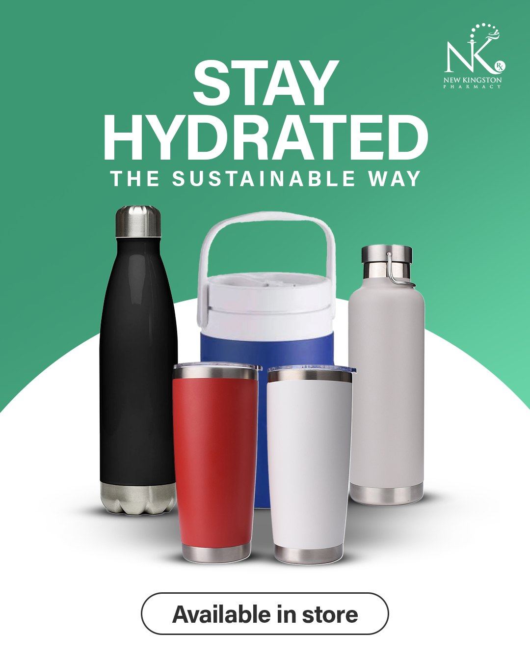 Stainless steel water bottles and tumblers in black, red, white, and grey, displayed on a shelf