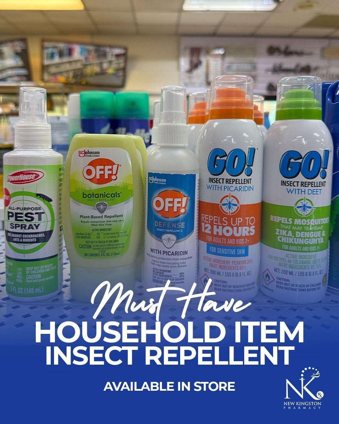 Assortment of insect repellent sprays and lotions on a store counter