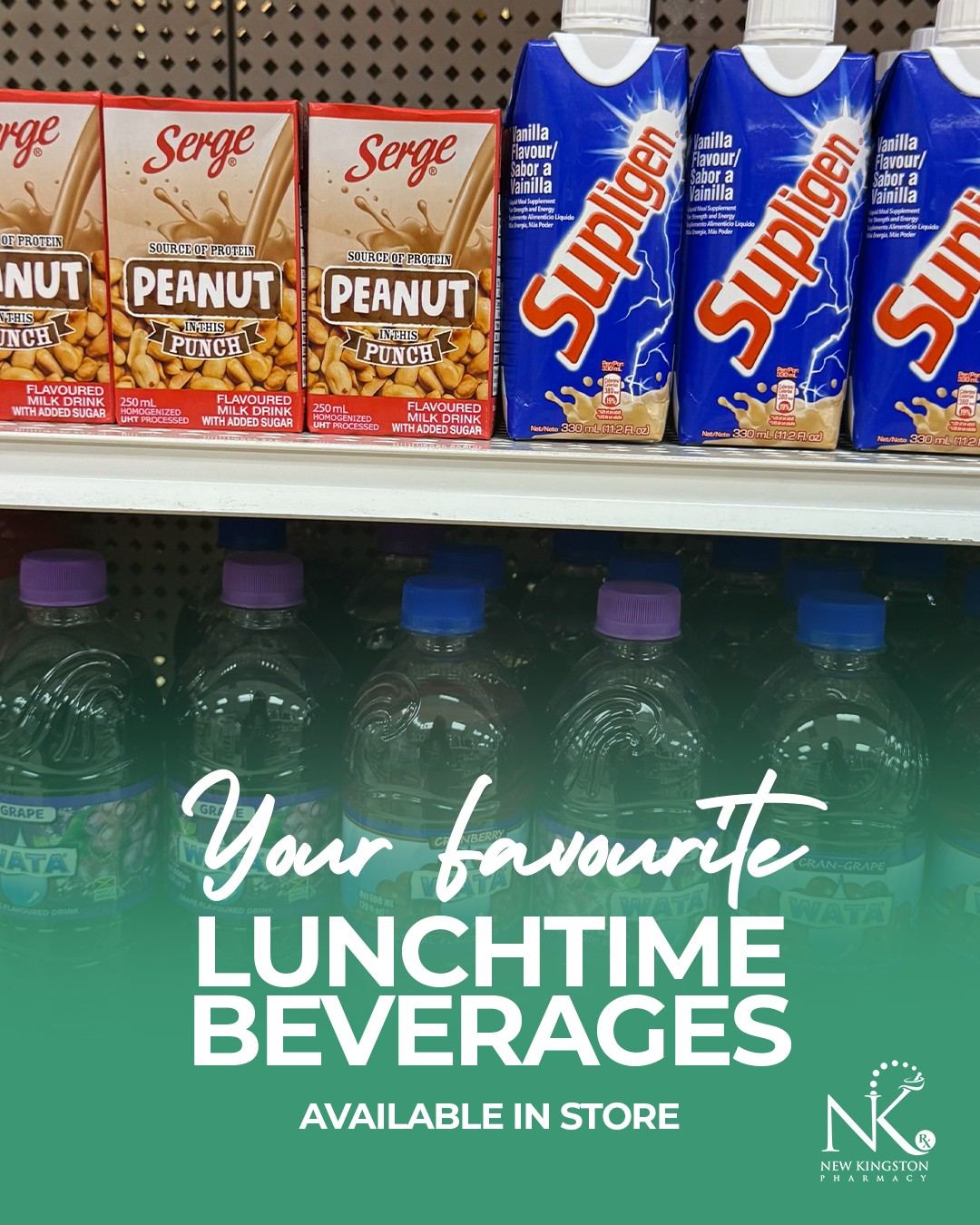 Shelf of flavoured milk drinks, meal-supplement drinks, and bottled water
