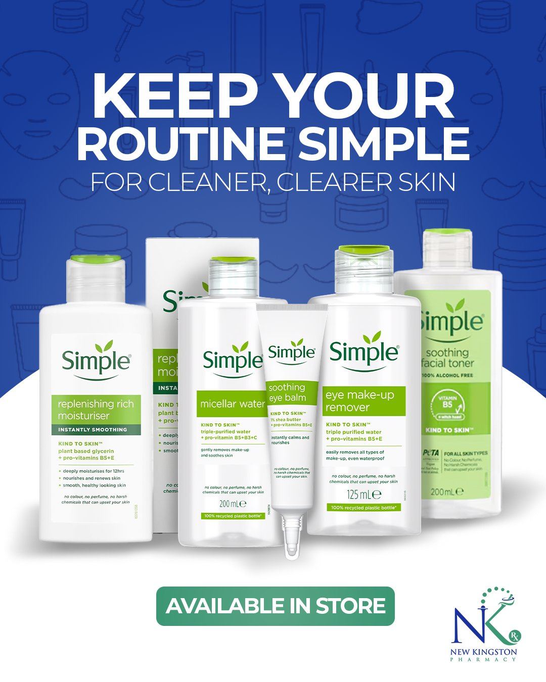 Simple skincare range including facial toner, micellar water, moisturisers, and eye balm