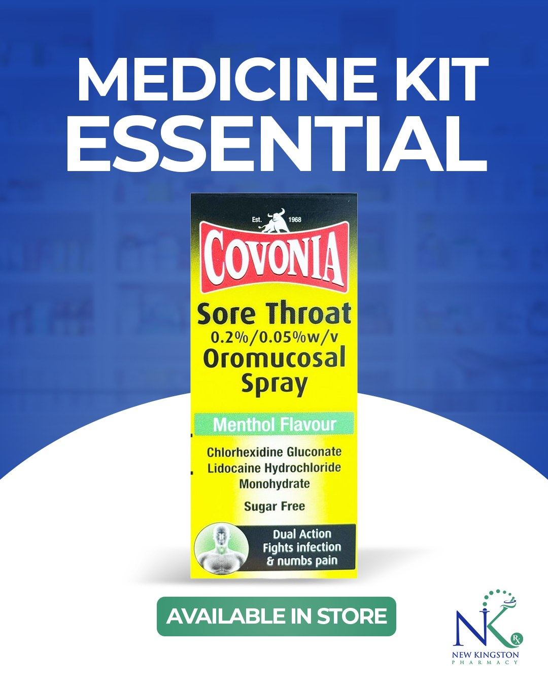 Box of Covonia Sore Throat oromucosal spray, menthol flavour