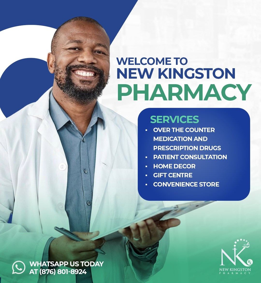 New Kingston Pharmacy services flyer — prescriptions, patient consultation, home décor, gift centre, convenience store
